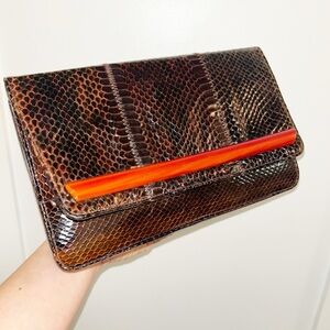 VTG Chocolate Brown Snakeskin Crossbody Clutch with Bakelite detail by Palizzio